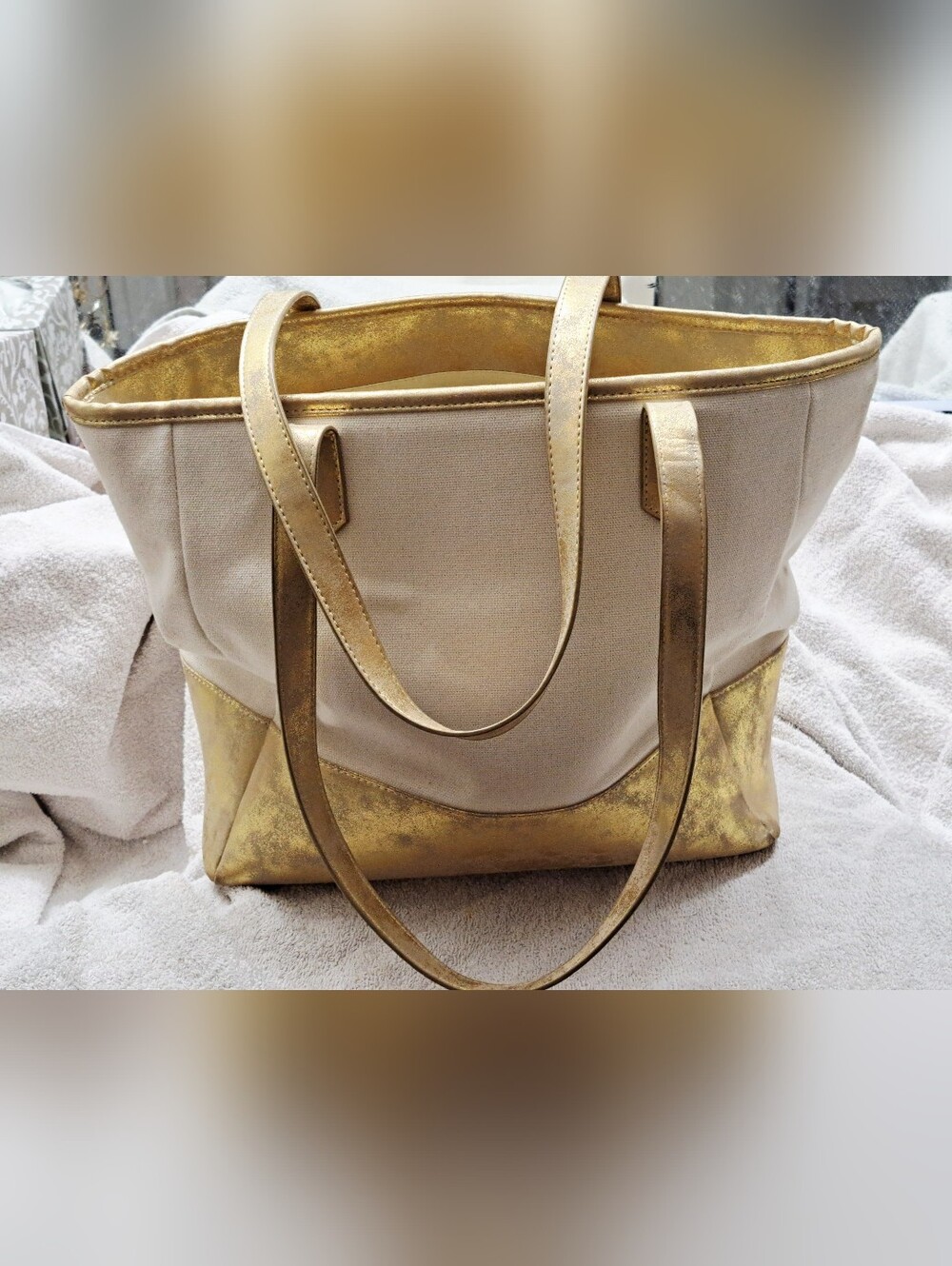 Martha Stewart Cream and Gold Fabric Tote Bag with Floral Scarf Accent